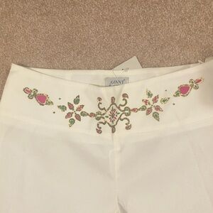 Avanti White Pants with Pink and Green Embroidery